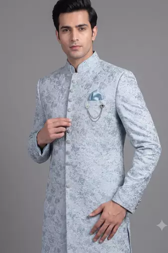 Light blue floral jacquard nawabi suit for men