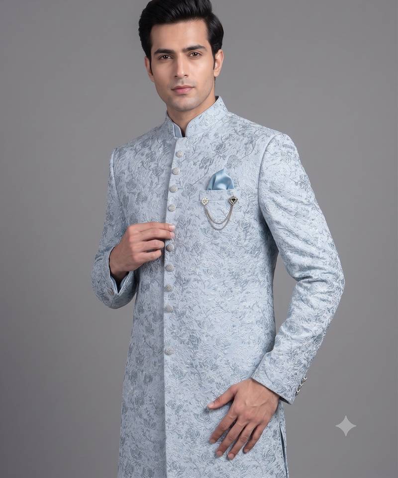 Light blue floral jacquard nawabi suit for men
