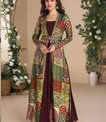Maroon georgette readymade anarkali gown multicolor silk jacket & belt