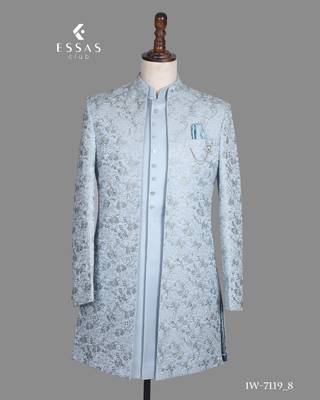 Light blue floral jacquard nawabi suit for men 3