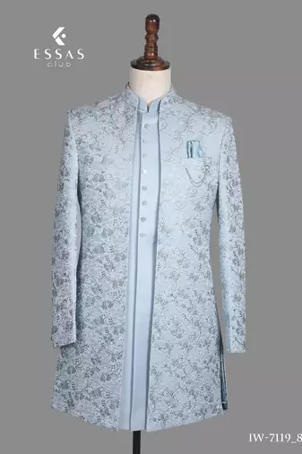 Light blue floral jacquard nawabi suit for men