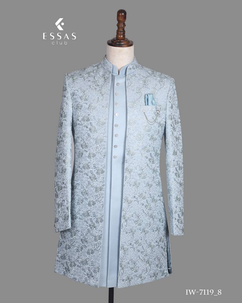 Light blue floral jacquard nawabi suit for men