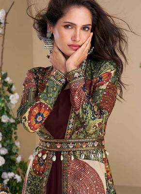 Maroon georgette readymade anarkali gown multicolor silk jacket & belt 2