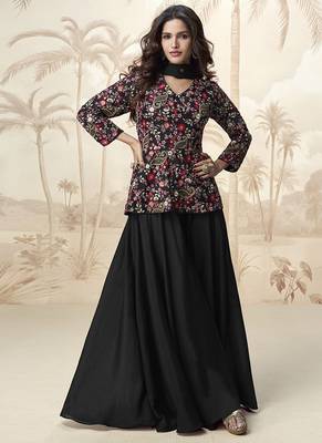 Embroidered black chinon wedding readymade style suit 1