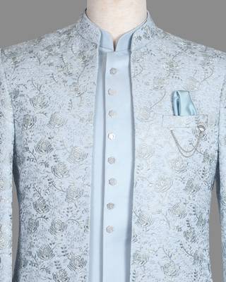 Light blue floral jacquard nawabi suit for men 5