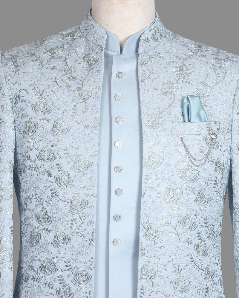 Light blue floral jacquard nawabi suit for men