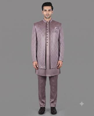 Mauve sequin open indowestern suit for men 1