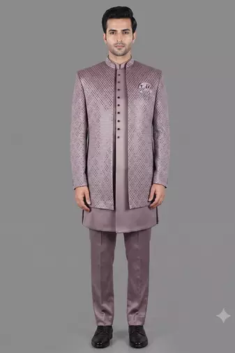 Mauve sequin open indowestern suit for men