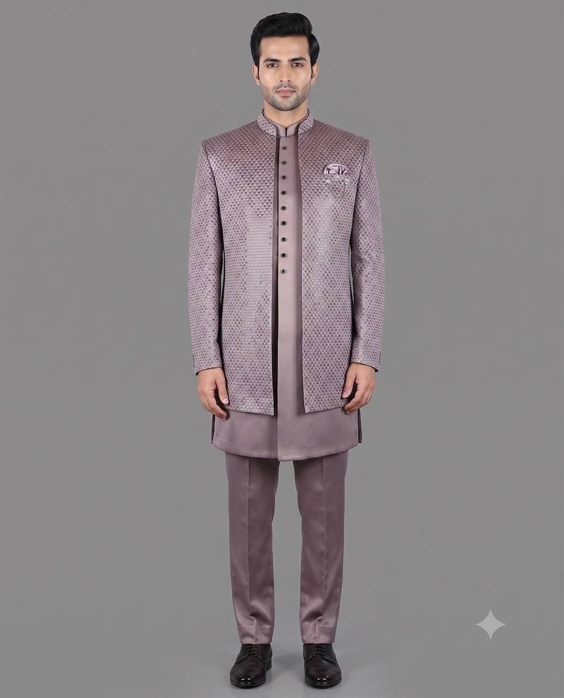 Mauve sequin open indowestern suit for men
