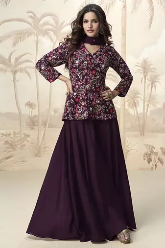 Embroidered purple chinon wedding readymade style suit