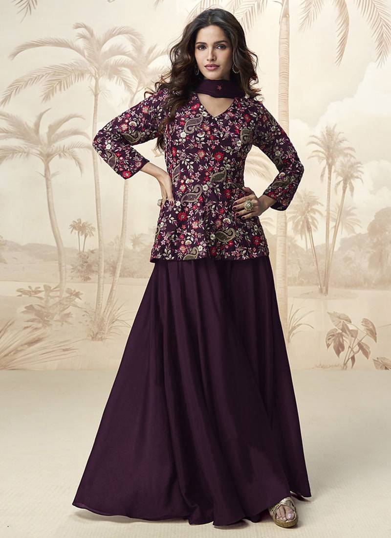 Embroidered purple chinon wedding readymade style suit