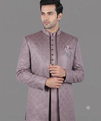 Mauve sequin open indowestern suit for men 2