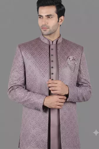 Mauve sequin open indowestern suit for men