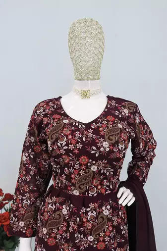 Embroidered purple chinon wedding readymade style suit