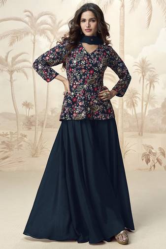 Embroidered navy blue chinon wedding readymade style suit