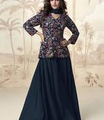 Embroidered navy blue chinon wedding readymade style suit