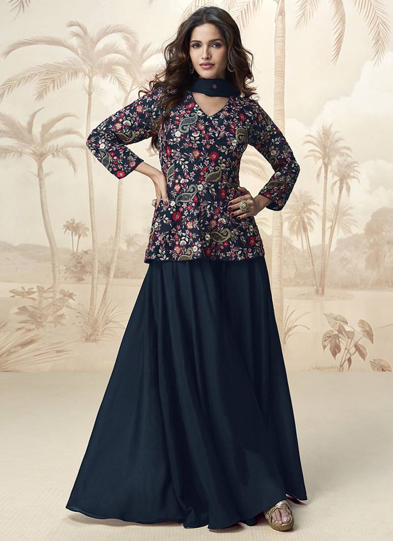 Embroidered navy blue chinon wedding readymade style suit