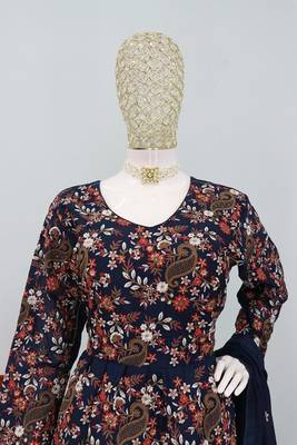 Embroidered navy blue chinon wedding readymade style suit 2