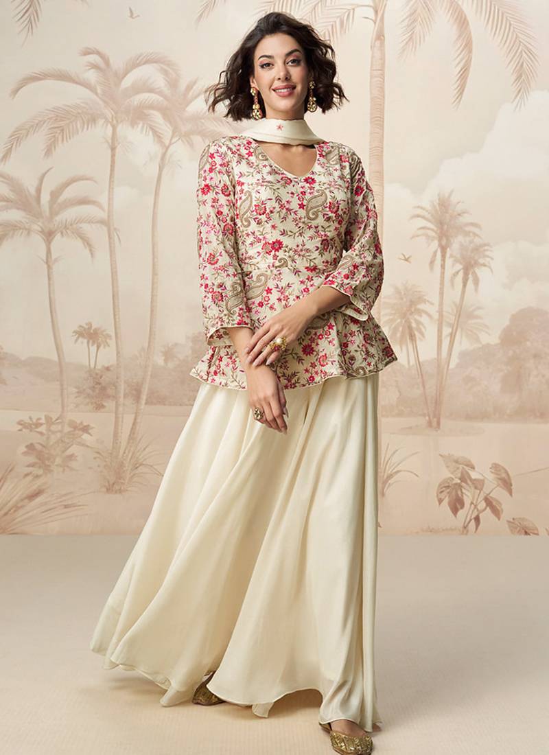 Embroidered cream chinon wedding readymade style suit