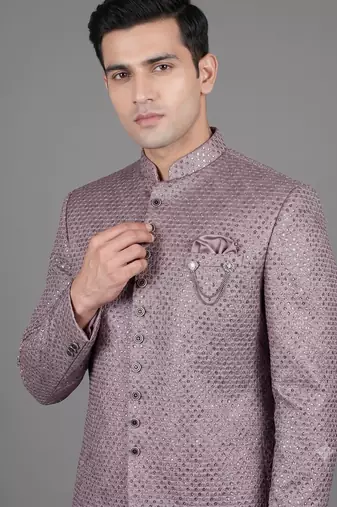 Mauve sequin bandhgala suit for men