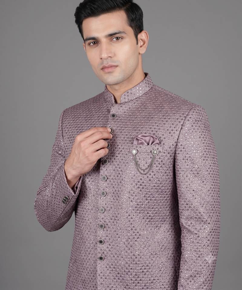 Mauve sequin bandhgala suit for men
