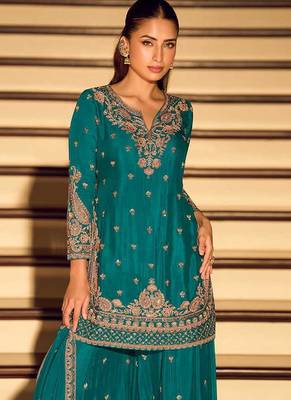 Teal chinon silk embroidered readymade palazzo suit 2