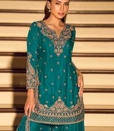 Teal chinon silk embroidered readymade palazzo suit