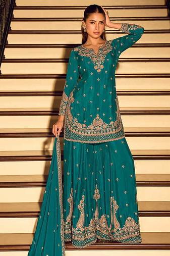Teal chinon silk embroidered readymade palazzo suit