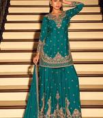 Teal chinon silk embroidered readymade palazzo suit