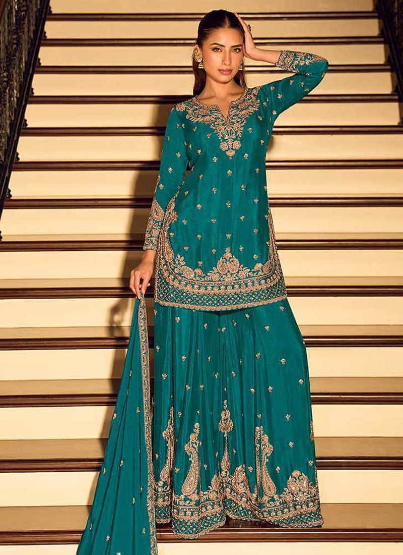 Teal chinon silk embroidered readymade palazzo suit