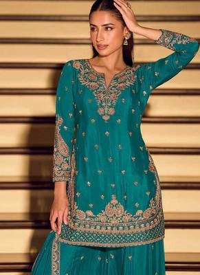 Teal chinon silk embroidered readymade palazzo suit 3