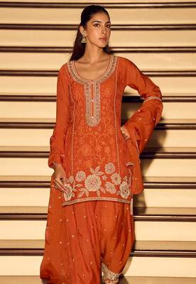 Orange chinon silk embroidered readymade palazzo suit 2
