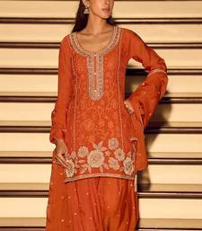 Orange chinon silk embroidered readymade palazzo suit