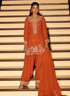 Orange chinon silk embroidered readymade palazzo suit 1
