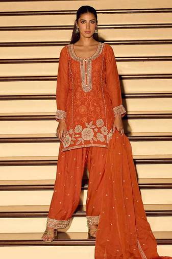 Orange chinon silk embroidered readymade palazzo suit