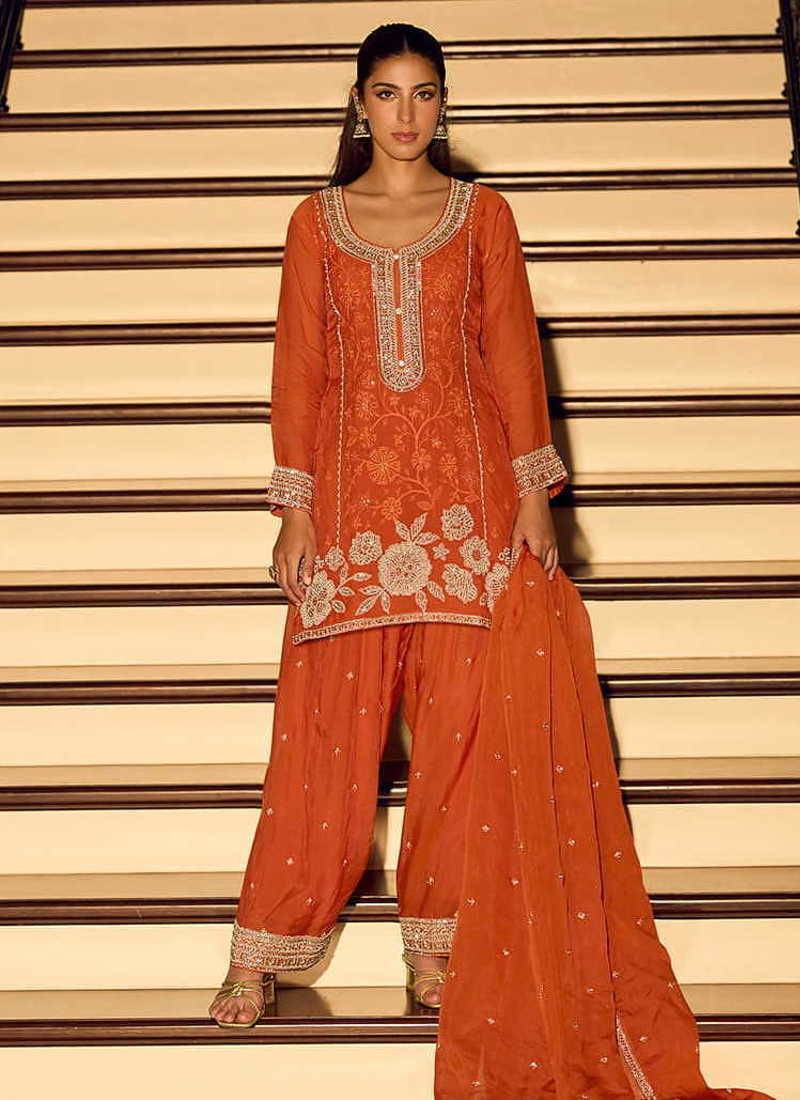 Orange chinon silk embroidered readymade palazzo suit