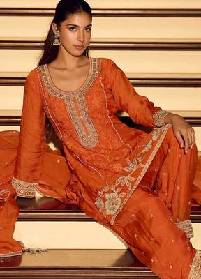 Orange chinon silk embroidered readymade palazzo suit 3