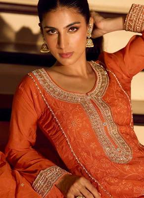 Orange chinon silk embroidered readymade palazzo suit 4