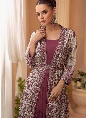 Dark mauve chinon silk embroidered readymade gown with jacket 2