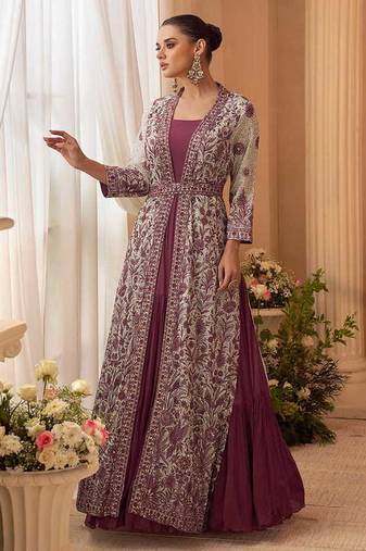 Dark mauve chinon silk embroidered readymade gown with jacket