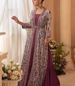 Dark mauve chinon silk embroidered readymade gown with jacket