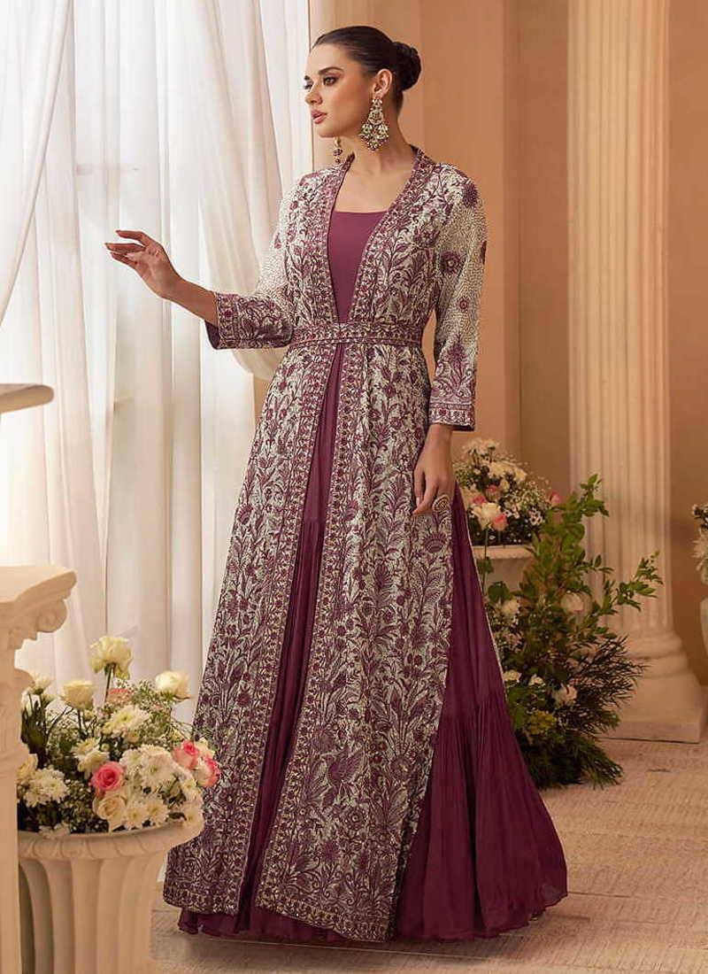 Dark mauve chinon silk embroidered readymade gown with jacket