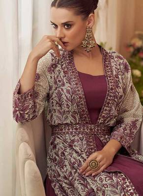 Dark mauve chinon silk embroidered readymade gown with jacket 3