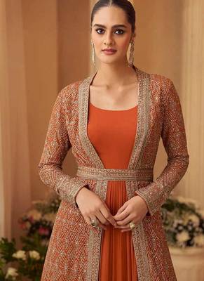 Orange chinon silk embroidered readymade gown with jacket 2