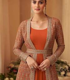Orange chinon silk embroidered readymade gown with jacket