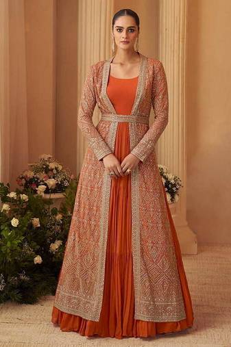 Orange chinon silk embroidered readymade gown with jacket