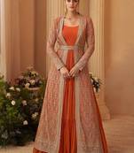 Orange chinon silk embroidered readymade gown with jacket