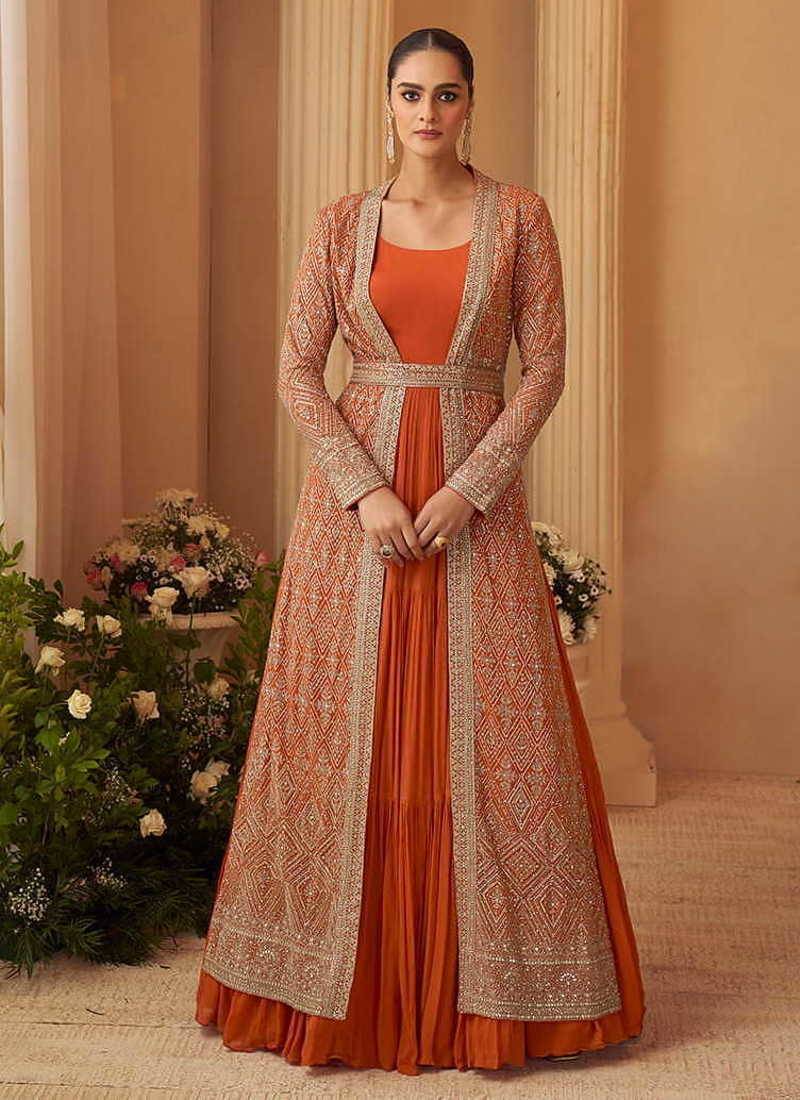 Orange chinon silk embroidered readymade gown with jacket