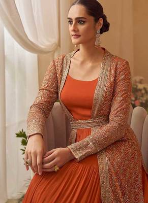 Orange chinon silk embroidered readymade gown with jacket 3