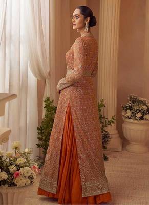 Orange chinon silk embroidered readymade gown with jacket 4